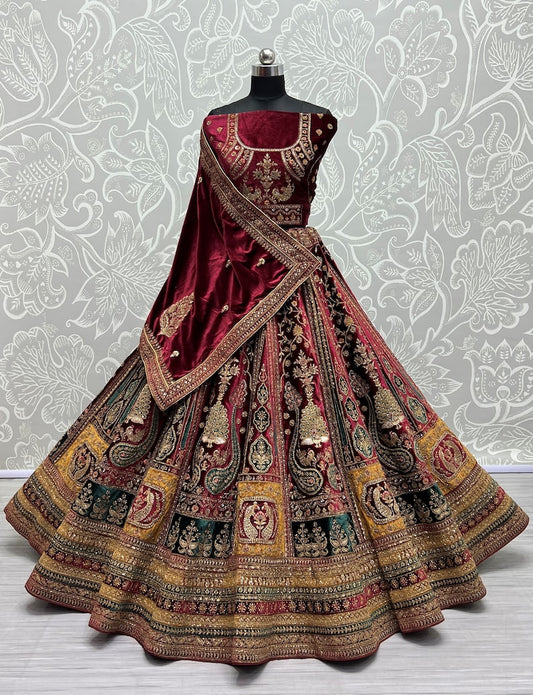 Ultimate Maroon Embroidery Velvet Bridal Wear Lehenga Choli