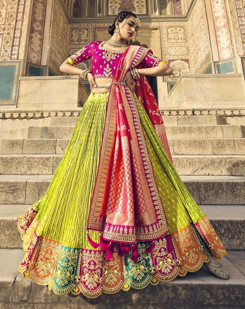 Crushed Silk Beautiful Green Lahenga Skirt with Pink Embellished Gotta Blouse