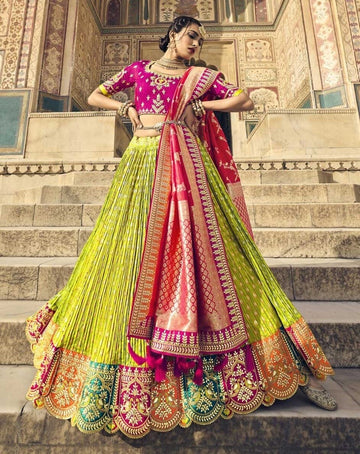 Crushed Silk Beautiful Green Lahenga Skirt with Pink Embellished Gotta Blouse