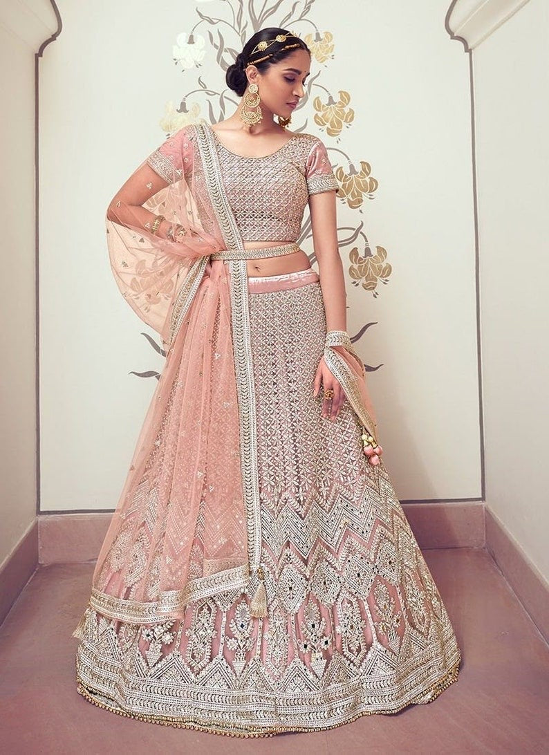 Pastel Pink Net Embroidered Wedding Wear Lehenga