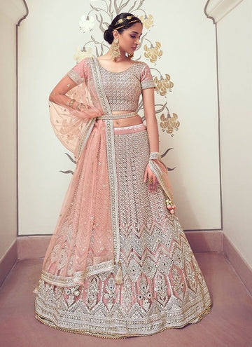 Pastel Pink Net Embroidered Wedding Wear Lehenga