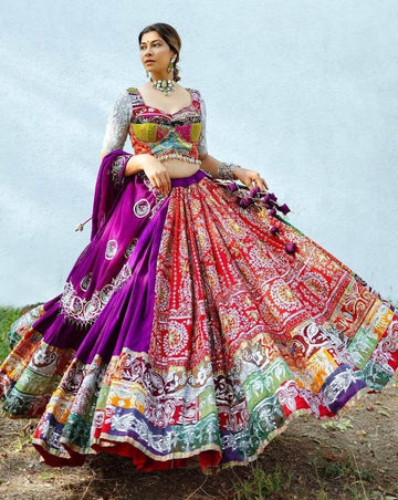 Purple Cotton Print and Mirror Work Gujarati Garba Navratri Lehenga Chaniya Choli