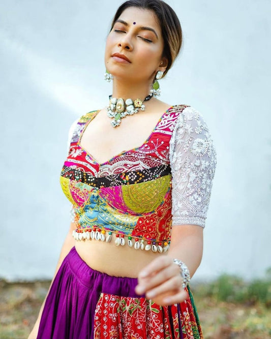 Purple Cotton Print and Mirror Work Gujarati Garba Navratri Lehenga Chaniya Choli