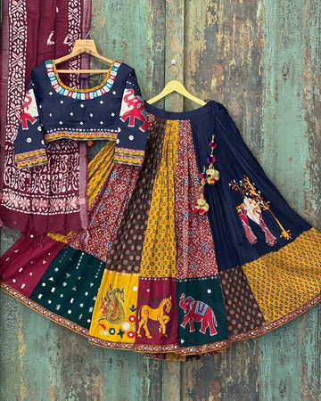 Multi Colour Maslin Cotton With Digital Print Real Mirror Navratri Special Lehenga Choli Set