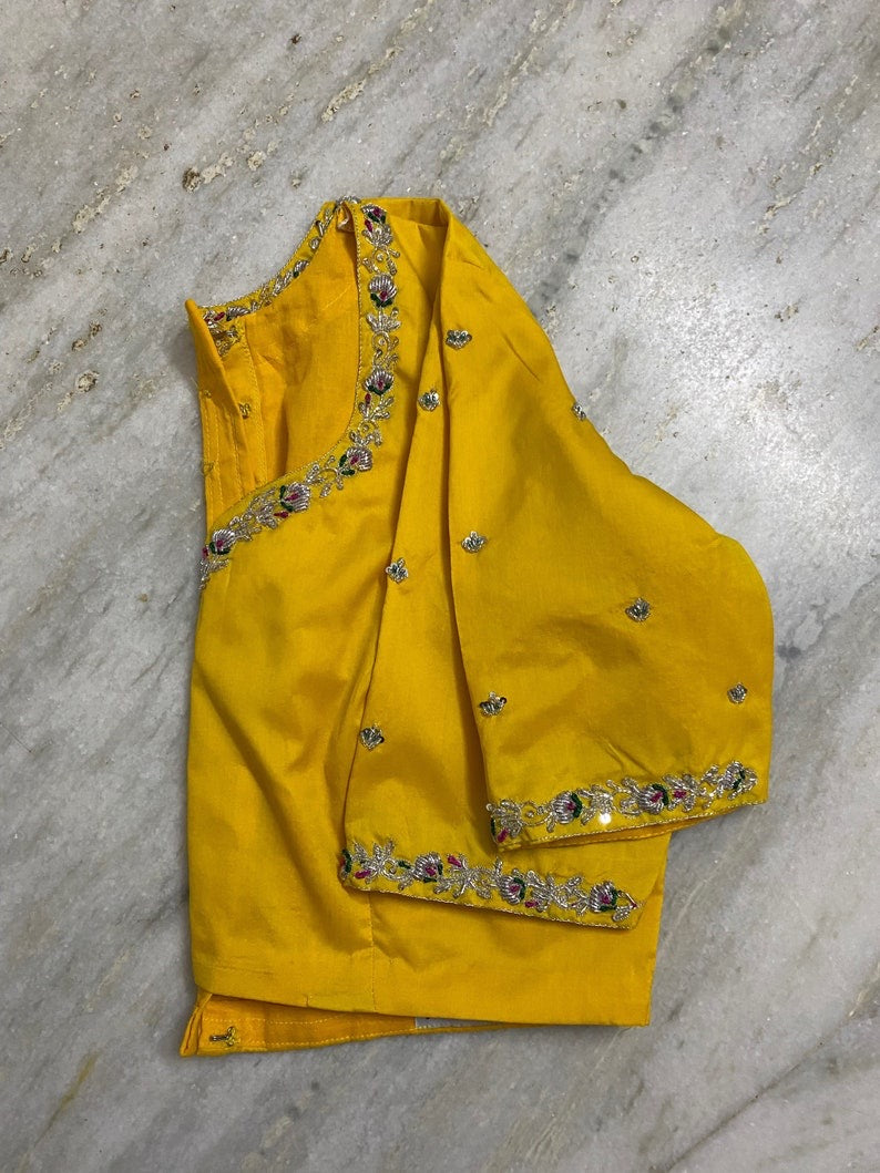 Yellow silk hand embroidery blouse