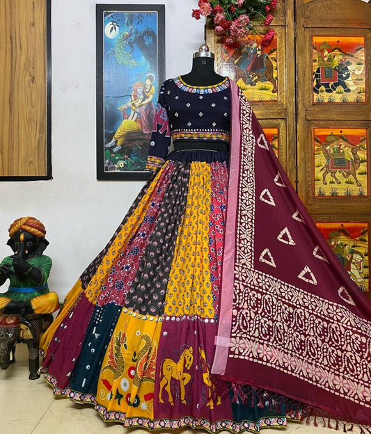 Multi Colour Maslin Cotton With Digital Print Real Mirror Navratri Special Lehenga Choli Set
