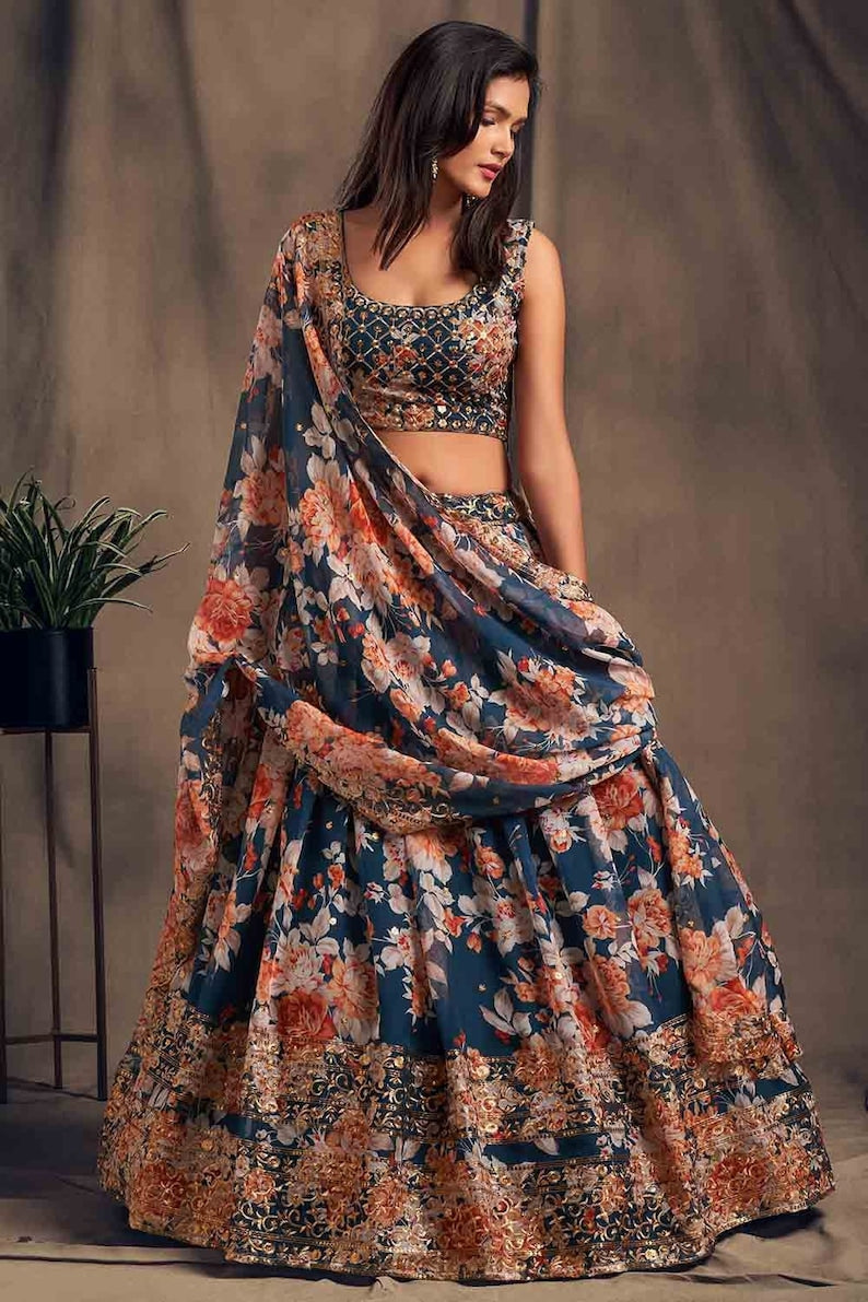 Floral Print Flared Lehenga Choli Set
