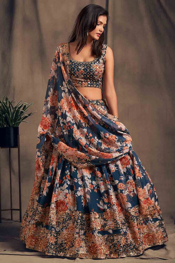 Floral Print Flared Lehenga Choli Set