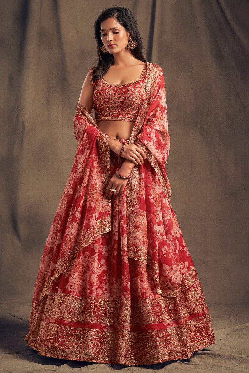 Floral Print Flared Lehenga Choli Set