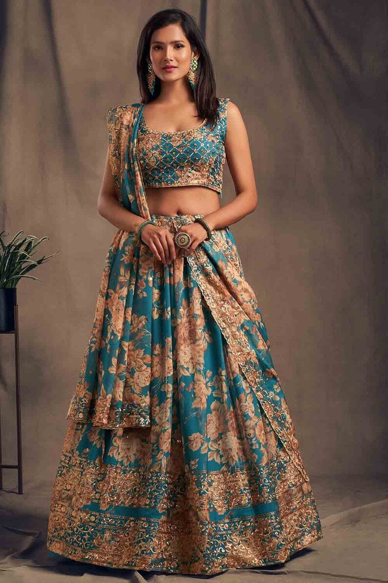 Floral Print Flared Lehenga Choli Set