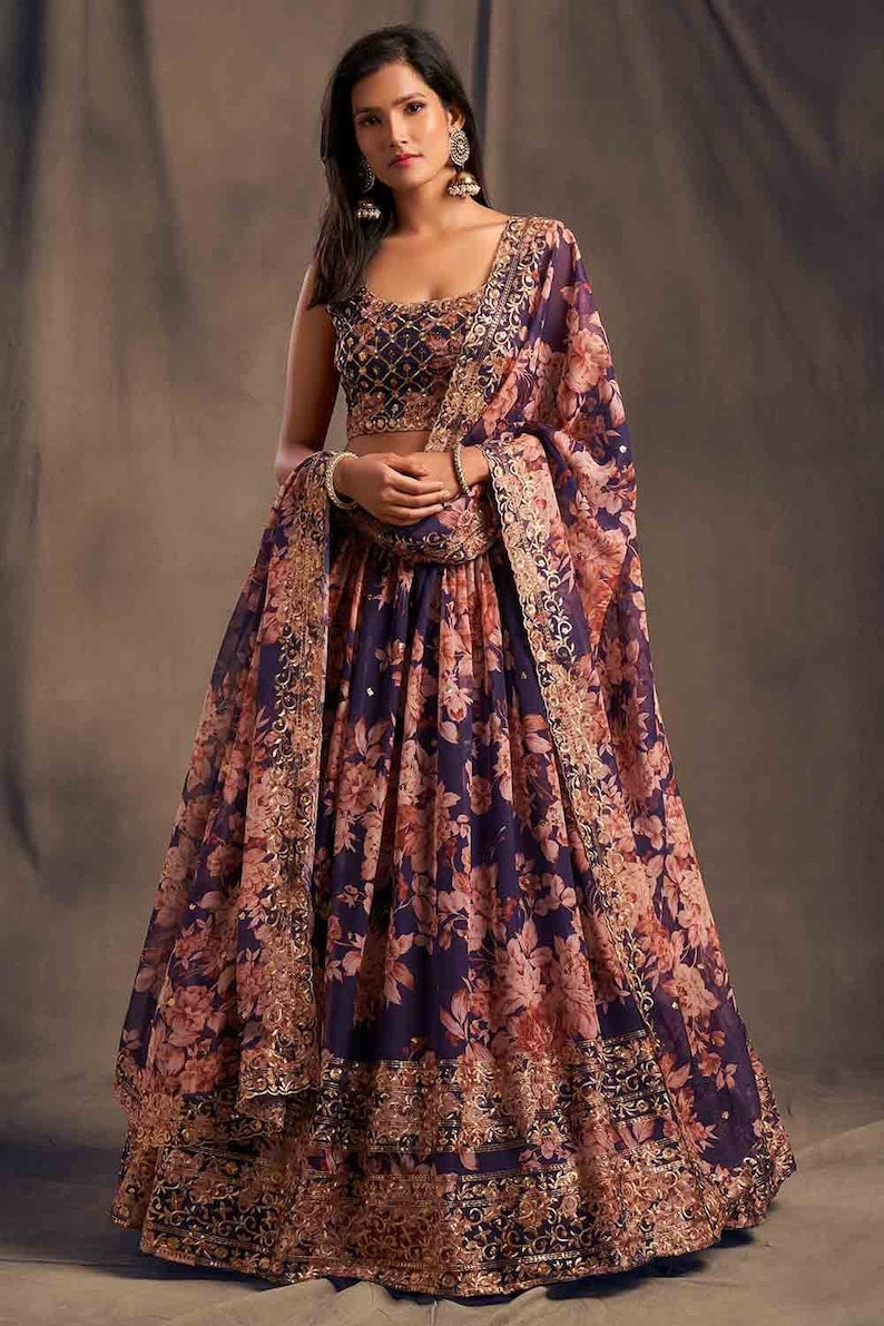 Floral Print Flared Lehenga Choli Set