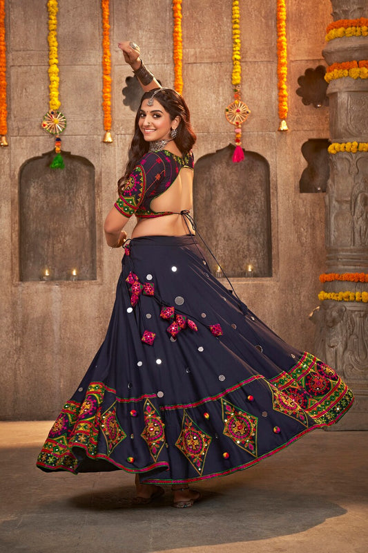 Blue Thread Embroidered Rayon Lehenga Set