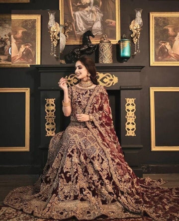 Maroon Velvet Lehenga Blouse - Scalloped Dupatta
