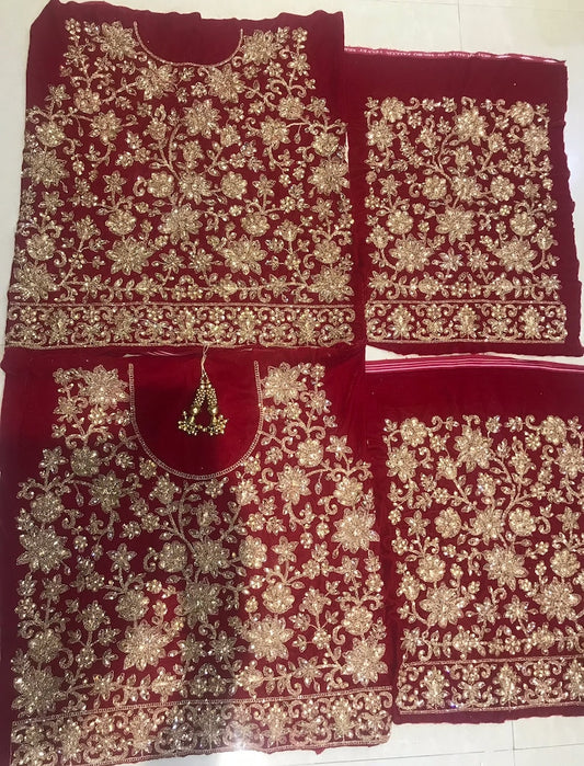 Maroon Velvet Lehenga Blouse - Scalloped Dupatta
