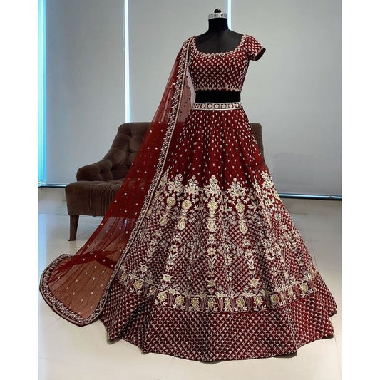 Maroon Designer Semi Stitched Lehenga Choli with Dupatta Set