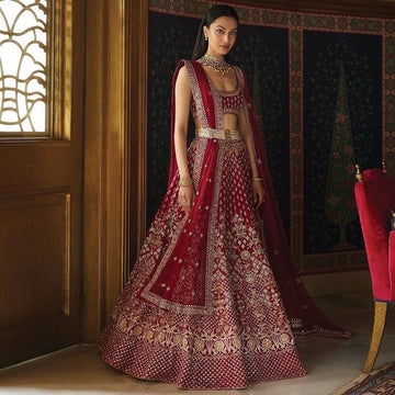 Maroon Designer Semi Stitched Lehenga Choli with Dupatta Set