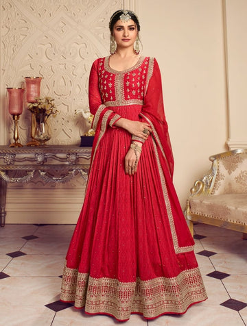 Red Printed with Embroidered Chiffon Gown