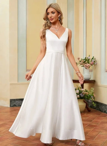 Shaped and V-Neck Floor-Length Satin Wedding Dress