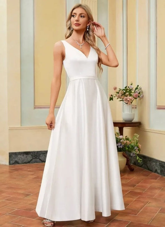 Shaped and V-Neck Floor-Length Satin Wedding Dress