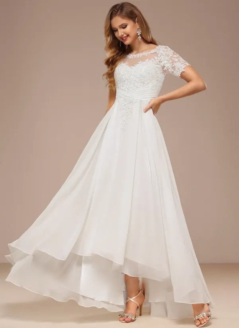 A-line and boat neck asymmetric lace chiffon wedding dress