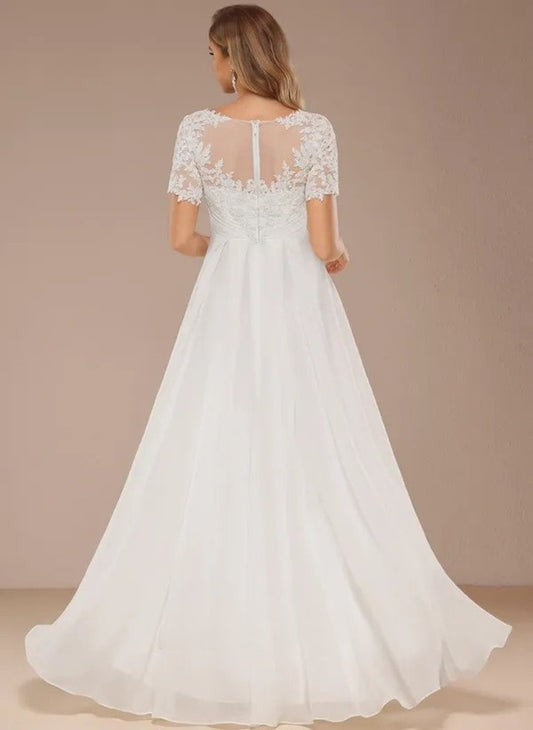 A-line and boat neck asymmetric lace chiffon wedding dress