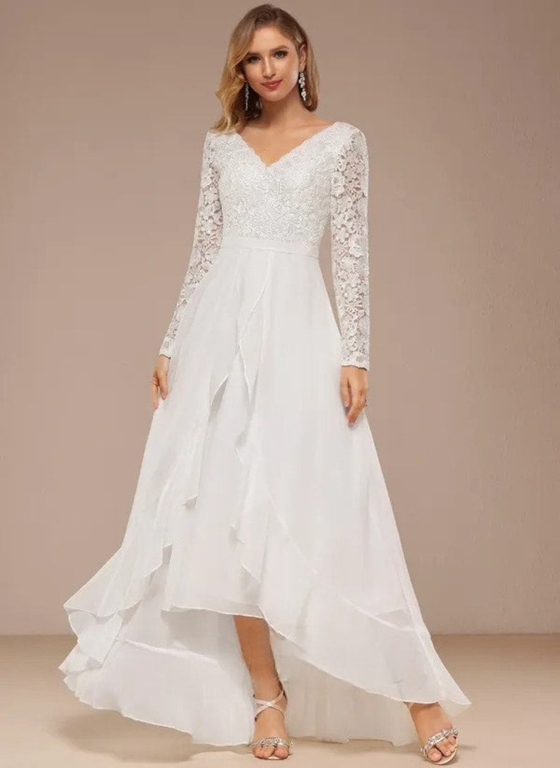 Shaped and V-Neck Asymmetric Lace Chiffon Wedding Dress