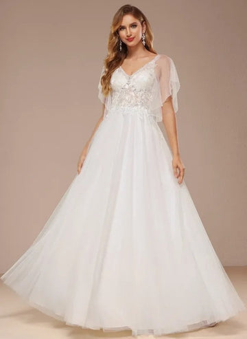 Shaped and V-neck floor-length tulle lace wedding dress with frill sequins