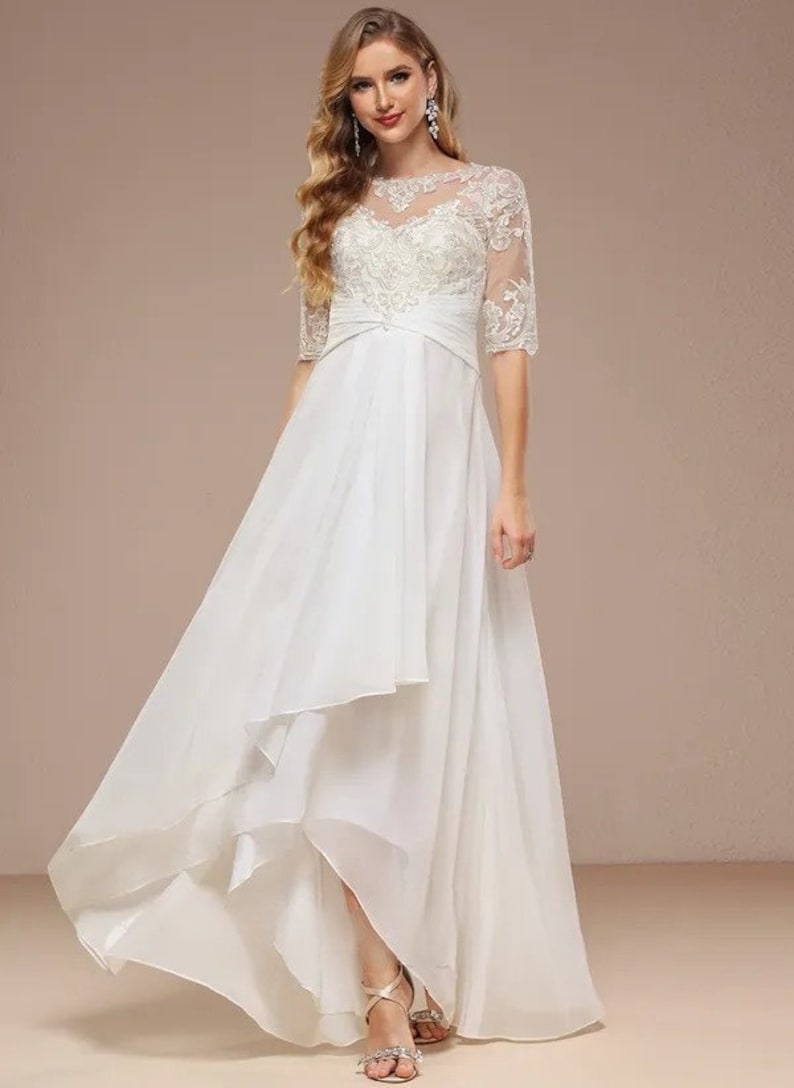 Asymmetrical Boat Neck Lace Chiffon Trapeze Wedding Dress