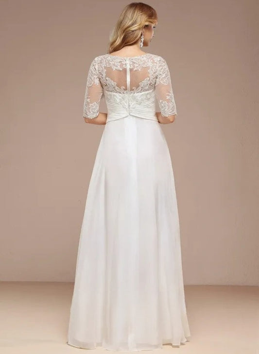 A-line and boat neck asymmetric lace chiffon wedding dress