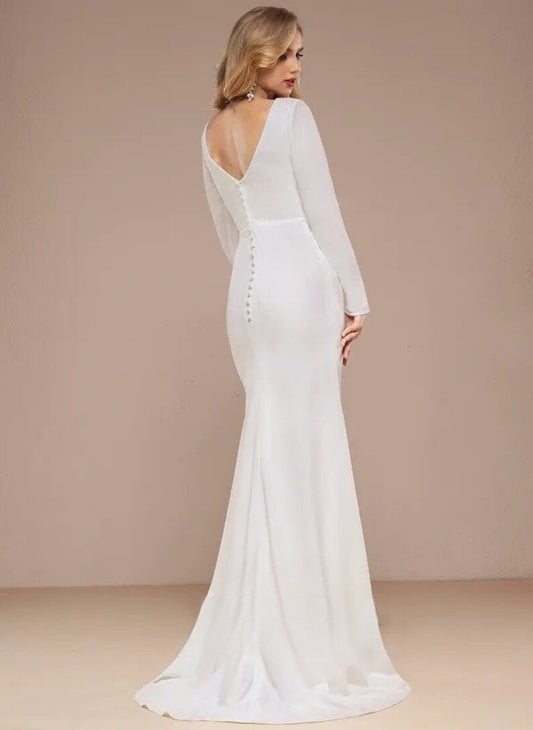 Shaped and V-Neck Long Train Chiffon Wedding Dress