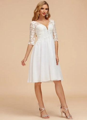 A-line V-neck Knee Length Lace Chiffon Wedding Dress