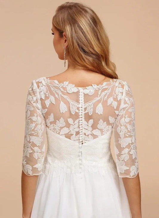 A-line V-neck Knee Length Lace Chiffon Wedding Dress