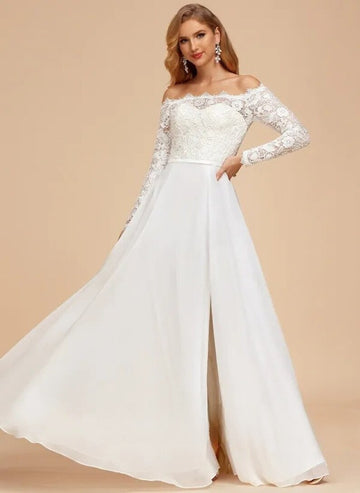 A-line Off Shoulder Floor Length Chiffon Lace Wedding Dress