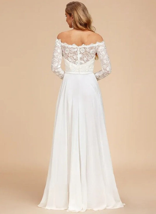 A-line Off Shoulder Floor Length Chiffon Lace Wedding Dress