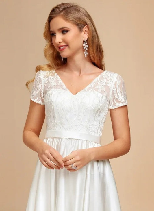 Trapeze V-Neck Asymmetrical Lace Satin Wedding Dress