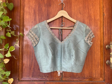 Green Ruffle Sleeve Hand Embroidery Blouse