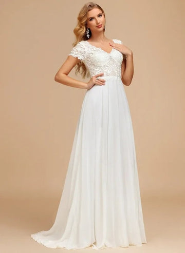 A-line V-neck Sweep Train Lace Chiffon Wedding Dress