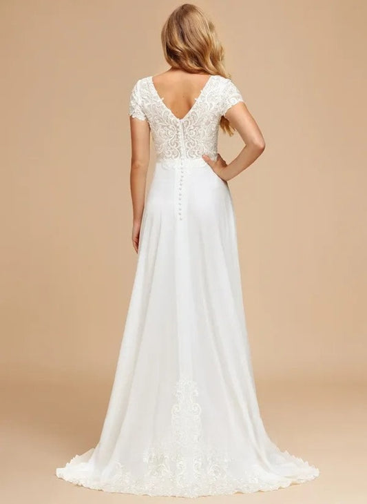 A-line V-neck Sweep Train Lace Chiffon Wedding Dress