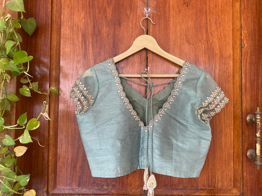 Green Ruffle Sleeve Hand Embroidery Blouse