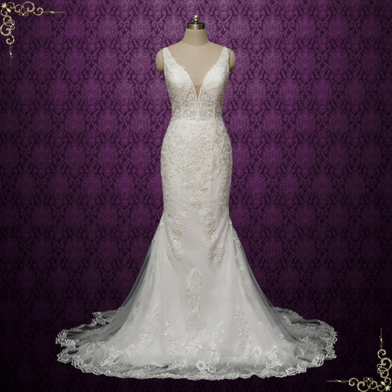 Lace Mermaid Wedding Dress with Illusion Neckline JER