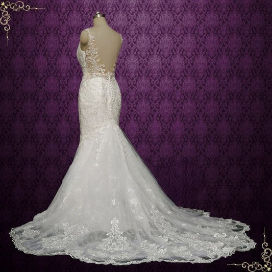 Lace Mermaid Wedding Dress with Illusion Neckline JER