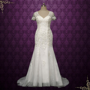 Fitted Boho Lace Mermaid Wedding Dress with Short Sleeves