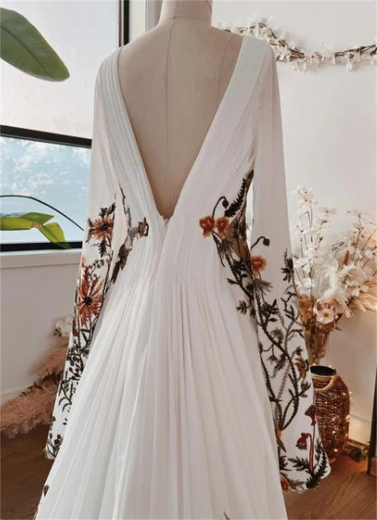Boho Floral Embroidery Wedding Dress