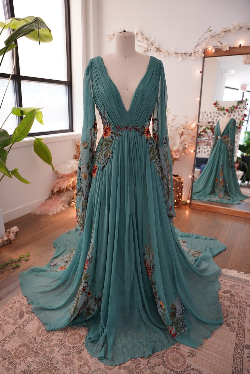 Embroidered Wedding Dress, Garden Wedding Dress , Floral Wedding Dress, Embroidery Gown Teal Dress - Meadow sample