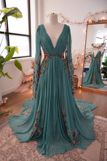 Embroidered Wedding Dress, Garden Wedding Dress , Floral Wedding Dress, Embroidery Gown Teal Dress - Meadow sample