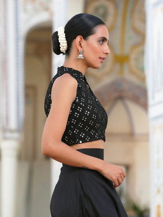 White and black Mirror And Thread Work Blouse