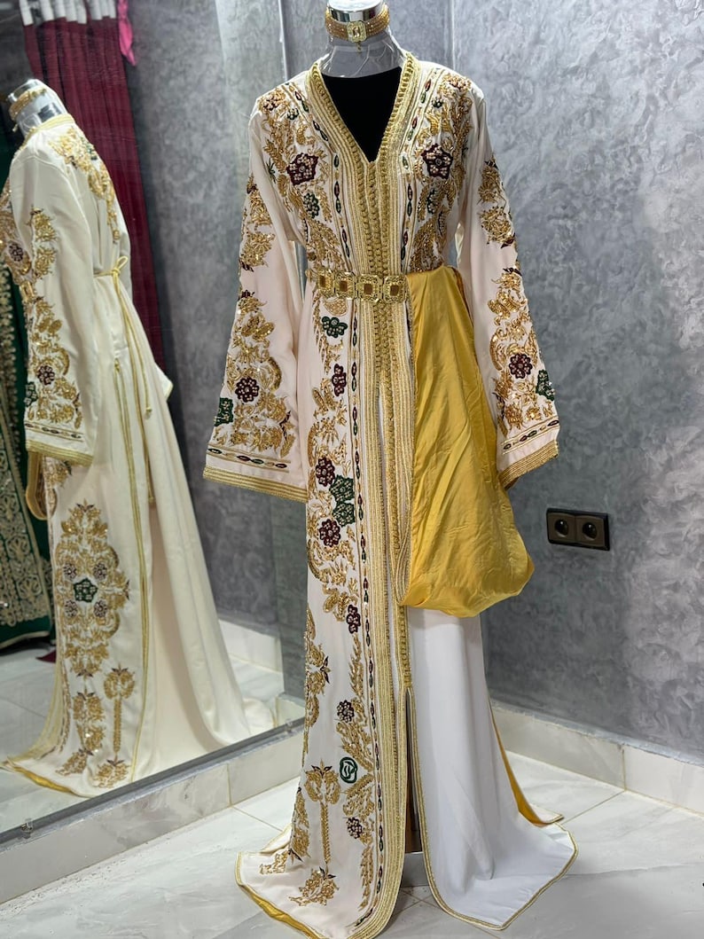 Moroccan Silk White Embroidered Caftan