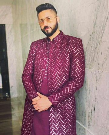 Silk Blend & Jacquard Open Koti Kurta Set for Men (3 PC Set) | Kurta with Full Sleeve, Knee Length Kurta Pyjama with Long Koti (Magenta)