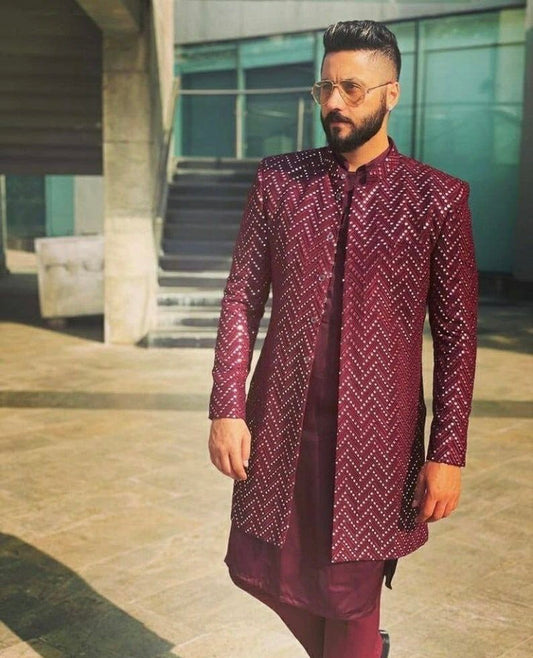 Silk Blend & Jacquard Open Koti Kurta Set for Men (3 PC Set) | Kurta with Full Sleeve, Knee Length Kurta Pyjama with Long Koti (Magenta)