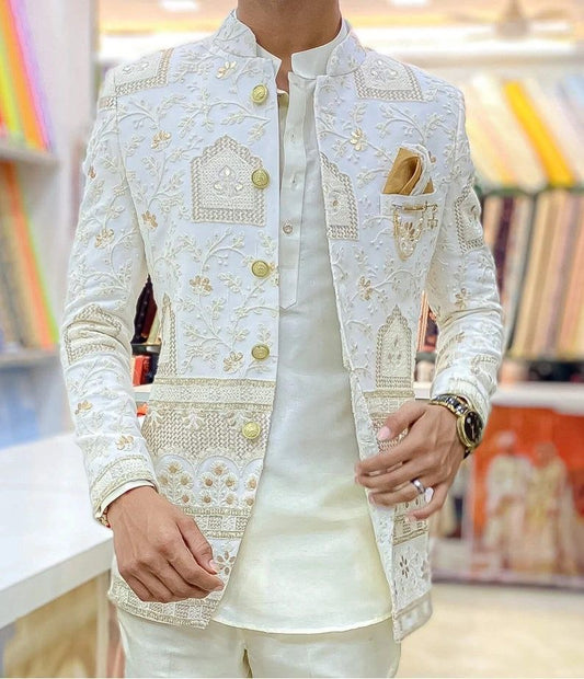 Cream Embroidered Jodhpuri Suit, Mens Bandgala Gala Suit, Men wedding Suit, Boys Suit, Two Piece Suit, Groom Suit, African Men Wedding Suit